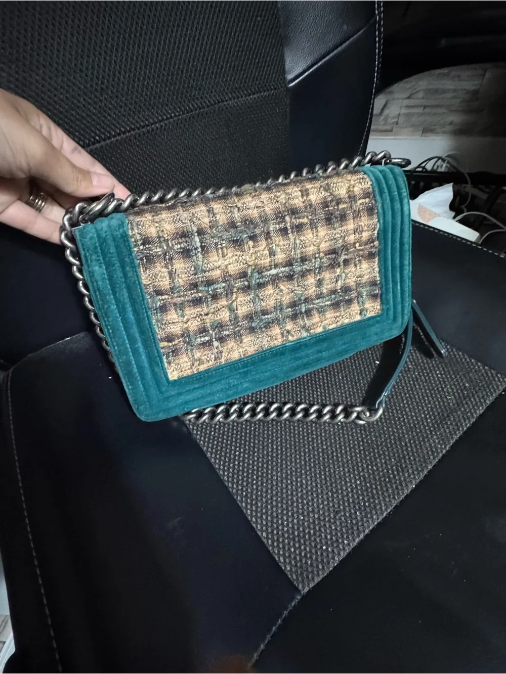 CHANEL Teal Tweed & Velvet Chain Crossbody Bag